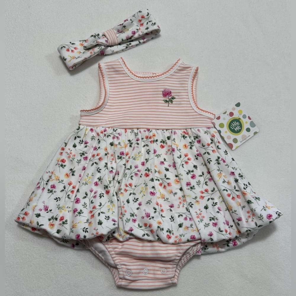 Infant Girl 9 M Little Me Peach Floral Romper with Headband - NWT